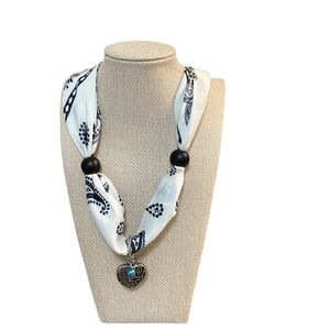 (#153) White and Black Patterned Scarf Necklace with Heart Pendant